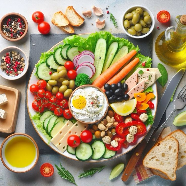 Colourful balanced plates with vegetables, grains, and protein arranged on a wooden table